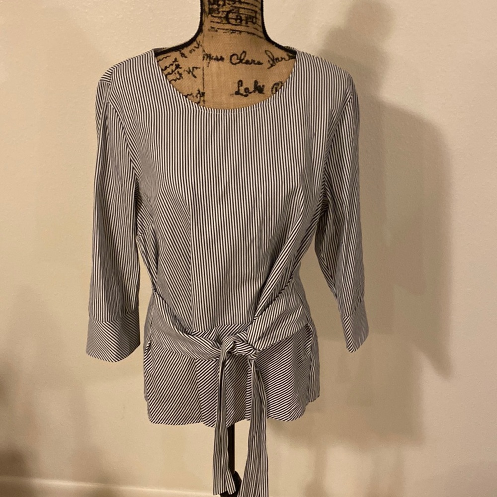 Black and white striped 3/4 sleeve belted/tie front